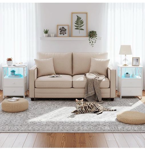 Bedside Table Set of 2, Side Table with Charging Station and Led Lights