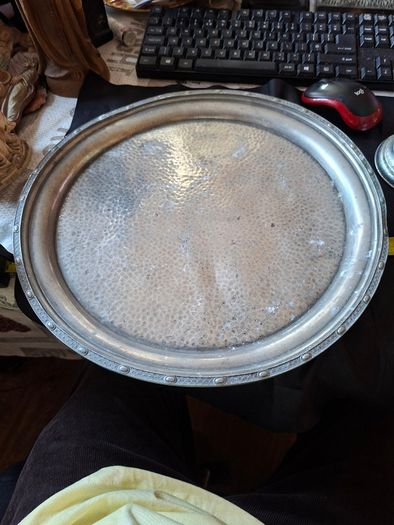 A Beautiful Old Hand Beaten Pewter Tray crafted in Sheffield, England 1900s to 1940s The stamp features an H mark, which is Hall Bros of Sheffield. Postage Available or collection