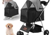 Pet Stroller, 4 Wheels Dog Stroller Rotate with Brakes, 35lbs Weight Capacity, Puppy Stroller with Detachable Carrier, Storage Basket and Cup Holder, for Dogs and Cats Travel, Black+Dark Grey