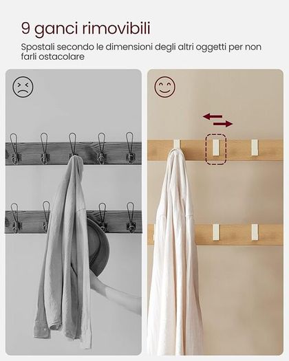 coat rack, wardrobe, shoe rack with seat, clothes rack with 9 removable hooks, bench seat, 2 grid shelves, 183 cm high, industrial design,