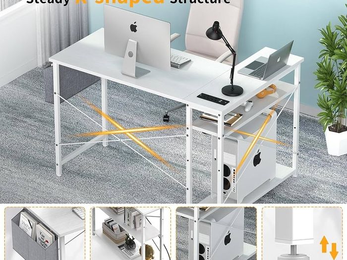 L Shaped Computer Desk with Power Outlet, 118CM Corner Office Desk for Small Spaces with Storage Shelves, Study Work Writing Table for Home Office Bedroom, Snow White