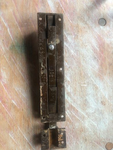 Antique door sliding bolt 1876, a Kenrick & sons bronze/brass door bolt