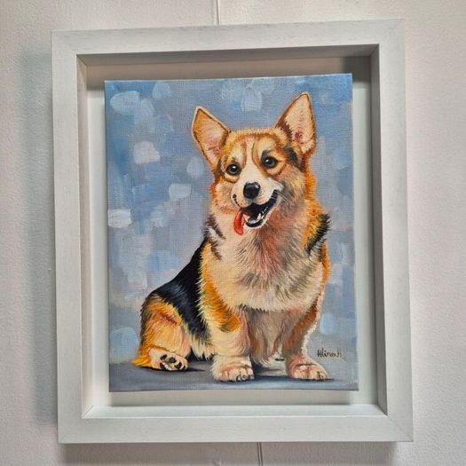 Happy Corgi - oil painting - framed
