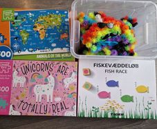 two jigsaws, fish race game and spiky balls