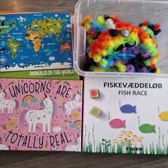 two jigsaws, fish race game and spiky balls