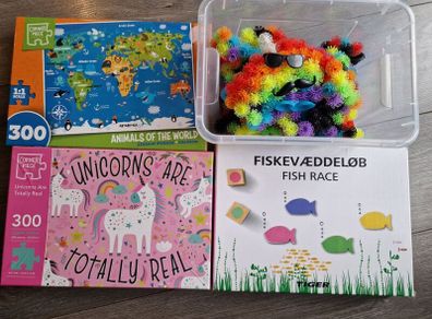 two jigsaws, fish race game and spiky balls