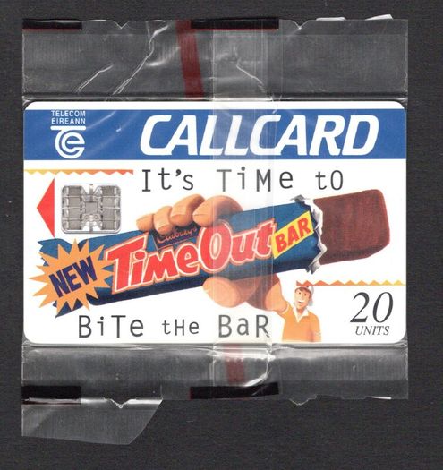 1995 Ireland 10 unit Cadbury's Time Out '95 "It's Time to Bite the Bar" (Schlumberger SC7) Call Card New in packaging. Telecom Eireann card number 1101.