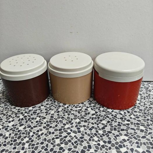 Retro Tupperware Salt Pepper Mustard 3 x stackable containers from 1970s or 80s retro kitchenware