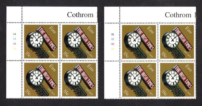 2009 Ireland The 150th Anniversary of "The Irish Times" Commemorative Stamp Plate Blocks 1A1A1A1A & 1B1B1B1B1B Mint Never Hinged (MNH)