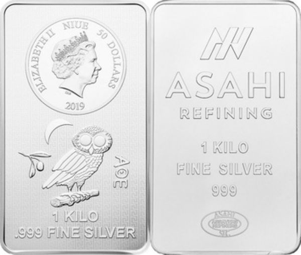 2019 Niue 50 Dollars 1 Kilo Kg 0.999 Fine Silver Bar Athenian Owl