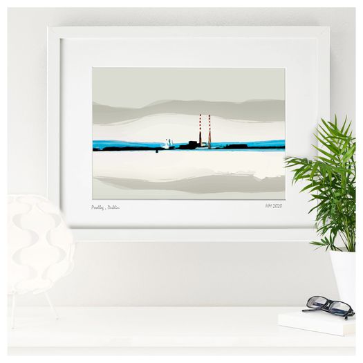 Calm Day, Poolbeg, Dublin in White Frame, by artist Helen Mathews
