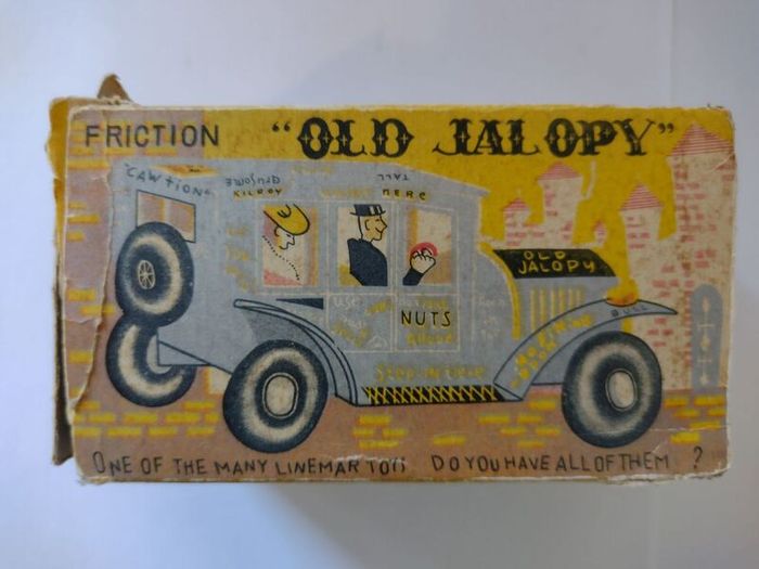 Line-Mar Tin Car: Friction Old Jalopy with Siren and Driver - (1940s-1950s with Box Rare)
