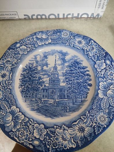 Liberty Blue Plate Independence Hall Staffordshire Ironstone Blue White Historic