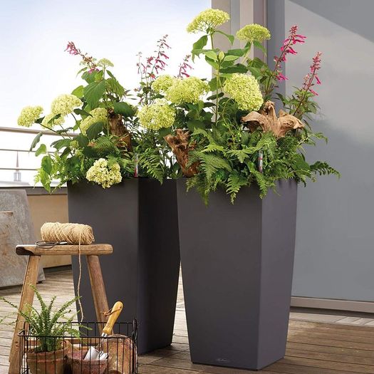 Self Watering Planter Large Garden Flower Plant Pot Indoor/Outdoor Floor Planter with Drainage Hole and Plant Substrate Poly Resin H75 L40 W40 cm Slate