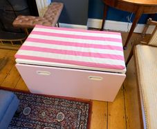 IKEA kids' bench with toy storage drawer - pink/white, with cushion