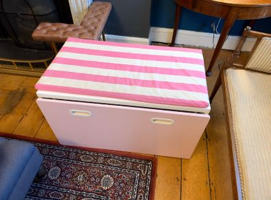 IKEA kids' bench with toy storage drawer - pink/white, with cushion