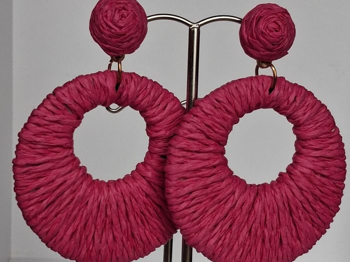 Hot Pink Raffia Woven Stud Hollow Out Woven Hoop Earrings