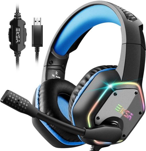 USB Gaming Headset for PC - Computer Headphones with Microphone/Mic Noise Cancelling, 7.1 Surround Sound Wired Headset & RGB Light - Gaming Headphones for PS4/PS5 Console Laptop MULTIPLE COLOURS AVAILABLE, SEE PHOTOS (FREE POSTAGE)