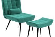 Accent Chair with Footstool Set, Tufted Upholstered Armless Lounge Chair with Pillow and Steel Legs for Living Room, Bedroom, Green