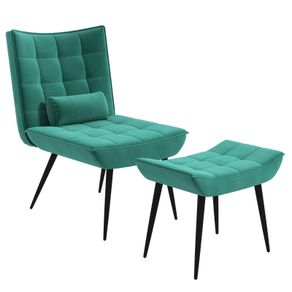 Accent Chair with Footstool Set, Tufted Upholstered Armless Lounge Chair with Pillow and Steel Legs for Living Room, Bedroom, Green
