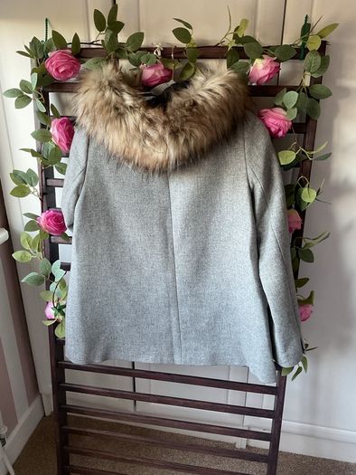 jacket Zara grey wool hooded jacket with fur medium