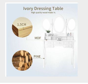Elegant White Dressing Table 3 Oval Mirror with 7 Drawers