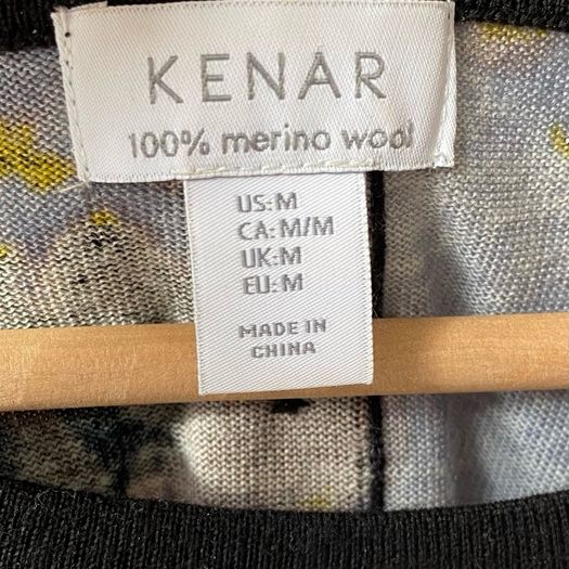 Kenar Blue Floral 100% Merino Wool Knit Jumper Sweater 3/4 Sleeve Size M UK 10
