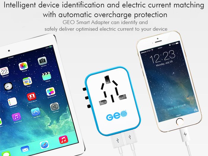 New GEO Smart Travel Adapter with 4 USB Charging Ports, All-In-One Universal Plug / Safe Wall Charger with USB Surge Protection - 1 YEAR GUARANTEE