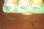 Beautiful Old 4 Piece Round Tower Houses Cruet Set, Salt, Pepper and Mustard, postage available or collection