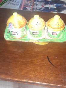 Beautiful Old 4 Piece Round Tower Houses Cruet Set, Salt, Pepper and Mustard, postage available or collection