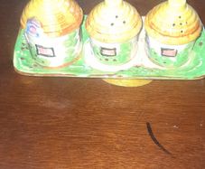 Beautiful Old 4 Piece Round Tower Houses Cruet Set, Salt, Pepper and Mustard, postage available or collection