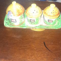 Beautiful Old 4 Piece Round Tower Houses Cruet Set, Salt, Pepper and Mustard, postage available or collection