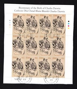 2009 Ireland Bicentenary of the Birth of Charles Darwin Stamp Sheetlet Plate 1B1B1B1B Fine CDS Used with Dublin cancel of 20th March 2009 (First day of issue) on envelope extract