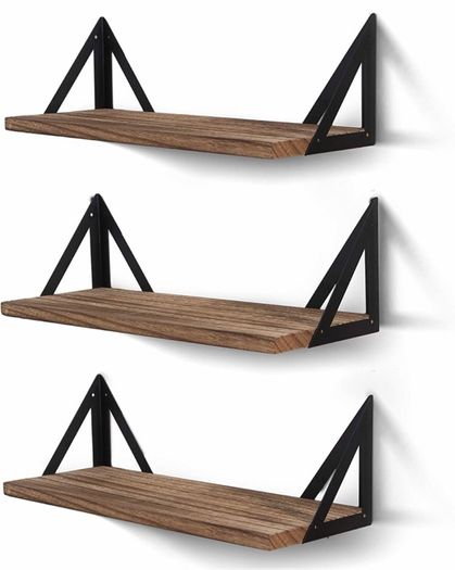 Wall Mounted Floating Shelves Set of 3, 42cm x 15cm x 10.5cm Storage Bookshelf for Living Room Office Bedroom Bathroom Kitchen Display Rustic Wood with Metal Bracket (MULTIPLE STYLES, COLOURS)