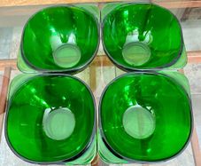 4 Stylish Vintage Vereco France Forest Green Clear Bowls with Tab Handles 1960 70s