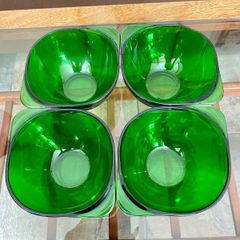 4 Stylish Vintage Vereco France Forest Green Clear Bowls with Tab Handles 1960 70s