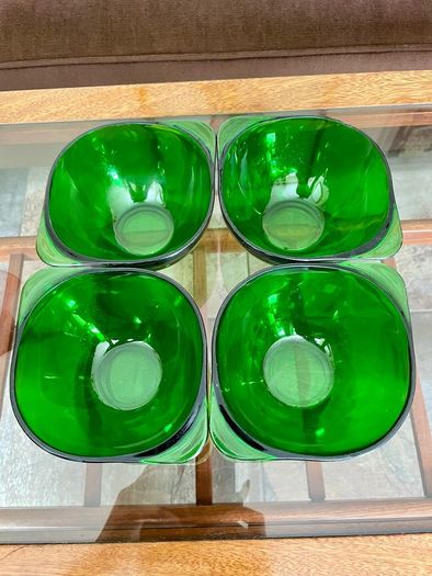 4 Stylish Vintage Vereco France Forest Green Clear Bowls with Tab Handles 1960 70s