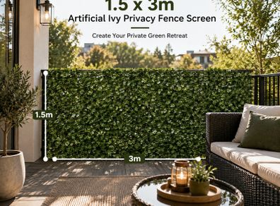Artificial Ivy Privacy Fence Screen 1.5 x 3 m  Green Leaf Garden Screening