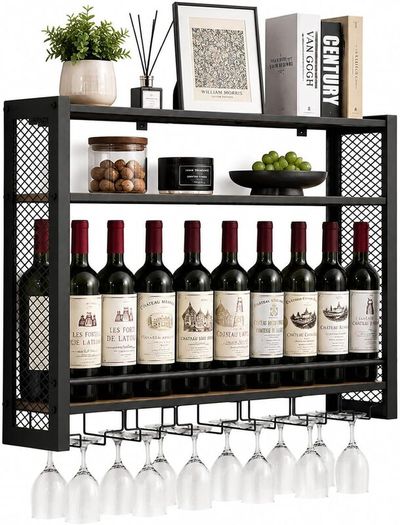 3-Tier Wall Mounted Wine Rack with Glass Holder, Industrial Metal Wine Bottle Storage