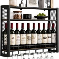 3-Tier Wall Mounted Wine Rack with Glass Holder, Industrial Metal Wine Bottle Storage