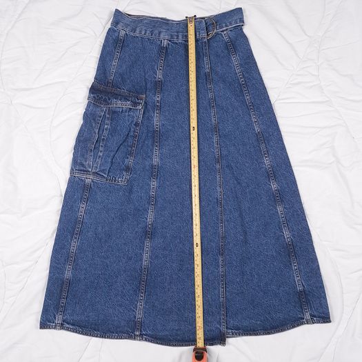 Zara Mid Blue Denim Utility Cargo Pocket Belted D-Ring Midi Skirt Size S