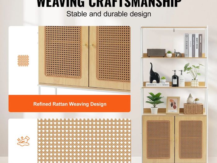Rattan Bookshelf, Ladder Shelf with 2 Doors, Rectangle Freestanding Open Storage Bookcase