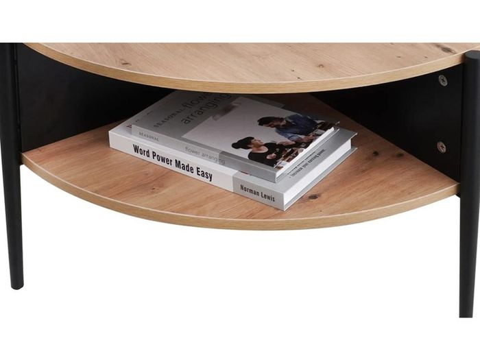 Wood Round Coffee Table with 2 Tier Storage Partitioned Shelf Industrial Modern Design Sofa Table for Living Room