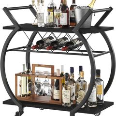 Drinks Trolley, Rolling Bar Cart, Kitchen Trolley on Wheels, Modern Serving Trolley, Wine Cart with Storage Shelves, Wine Holders, for Home Bar, Dining Living Room, Black