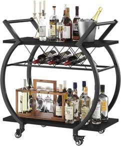 Drinks Trolley, Rolling Bar Cart, Kitchen Trolley on Wheels, Modern Serving Trolley, Wine Cart with Storage Shelves, Wine Holders, for Home Bar, Dining Living Room, Black