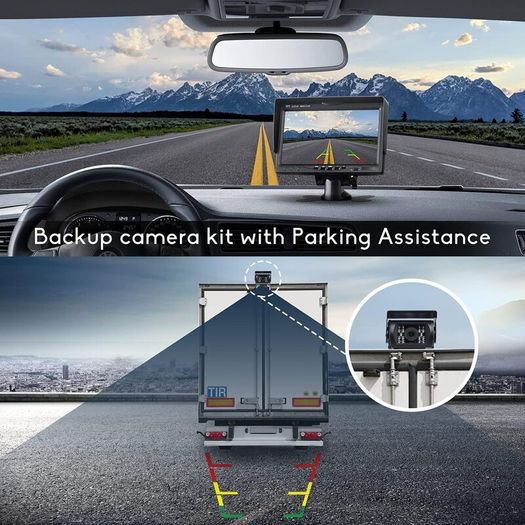 1080P Reversing Camera Kit with 7-Inch HD Monitor, IP68 Waterproof Night Vision Camera, Parking Sensors & 15m Cable for Van, Truck, RV, Bus and Trailer