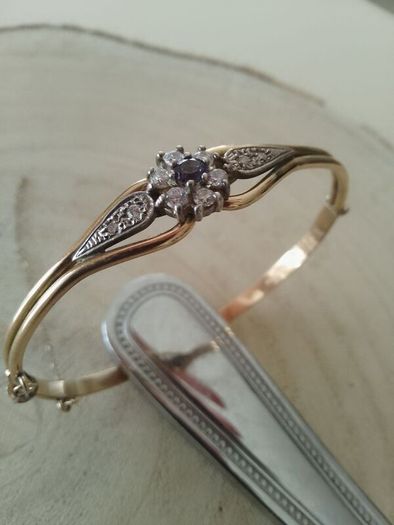 Vintage Rolled Gold Bangle Bracelet  Amethyst  Clear Stone Cluster