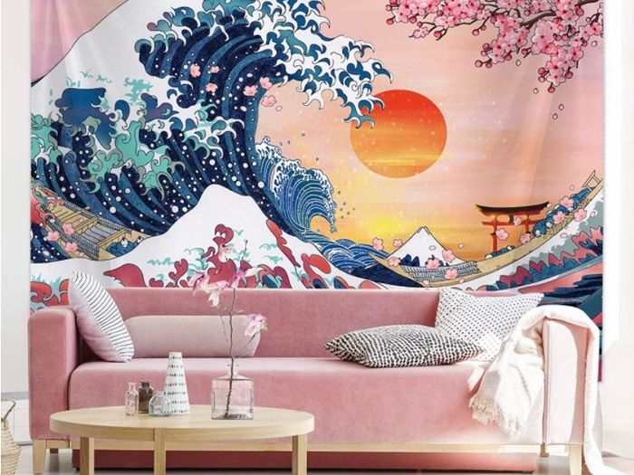 The Great Wave Tapestry Japanese Ocean Wave Wall Decorations Cherry Blossom Tree Backdrop Japanese Home Decor