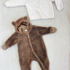 H&M All in One Brown Pram Suit with Ears 2-4 months & Knit Cardigan 4-6 months