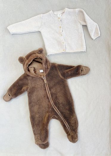 H&M All in One Brown Pram Suit with Ears 2-4 months & Knit Cardigan 4-6 months